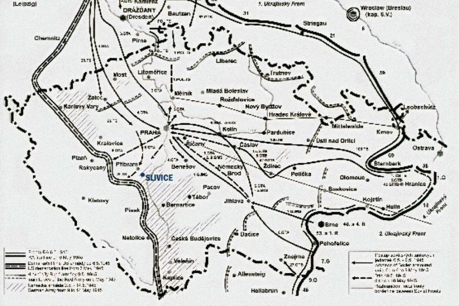 Mapa zachycující vojenskou situaci v květnu 1945 v okolí Slivic na Příbramsku. Jasně je zde vyznačena demarkační linie mezi americkým a sovětským prostorem