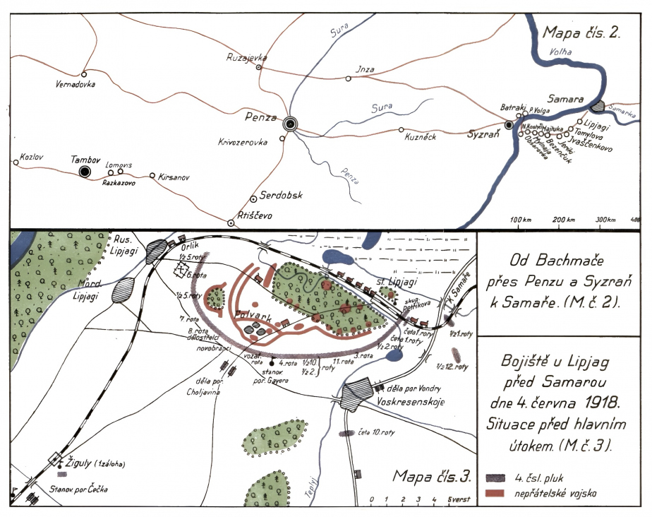 Mapa bojiště u Lipjag 4. června 1918