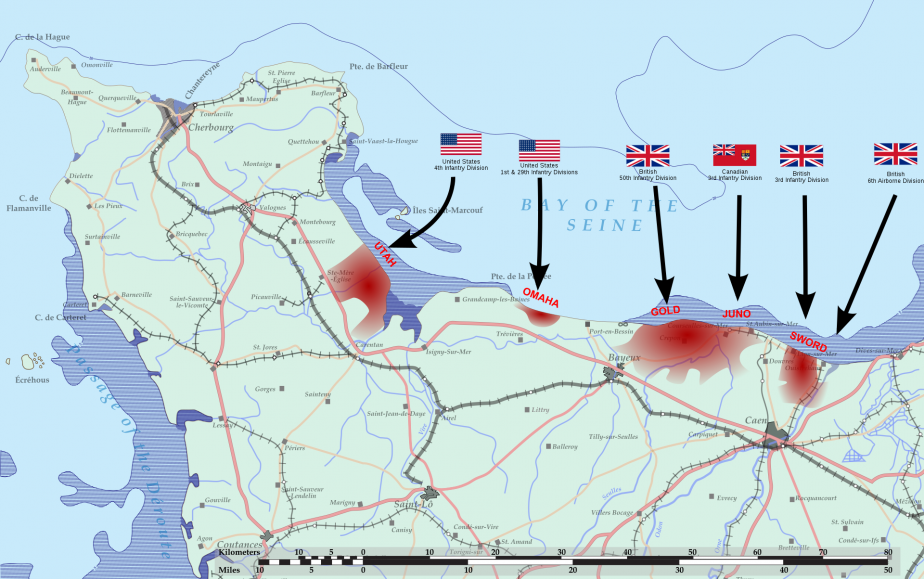 Mapka zachycuje spojenecký postup během prvního dne invaze 