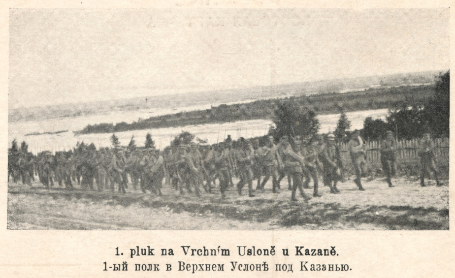 Vojáci 1. čs. střeleckého pluku na Vrchním Usloně u Kazaně na jedné z typických dobových pohlednic.