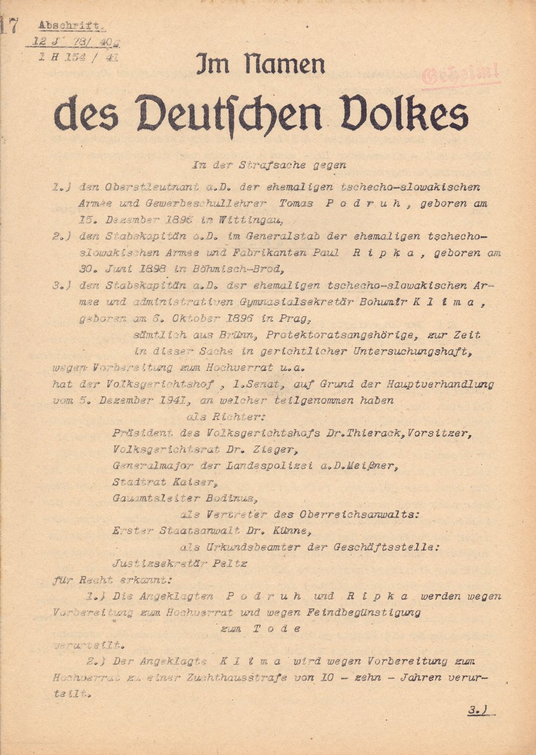 Úvodní strana rozsudku Lidového soudního dvora nad Pavlem Ripkou a Tomášem Podruhem ze dne 5. 12. 1941 (uložena: ABS Praha pod sign. 141-238-19). 