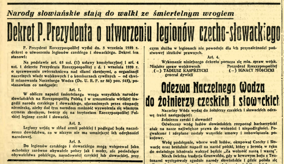 Novinová zpráva ze 4. září 1939 s textem dekretu o vzniku Legií Čechů a Slováků. 