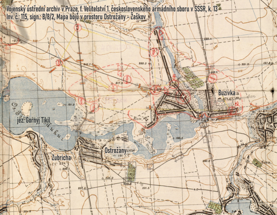 Mapa bojů v prostoru Ostrožany–Žaškov. 